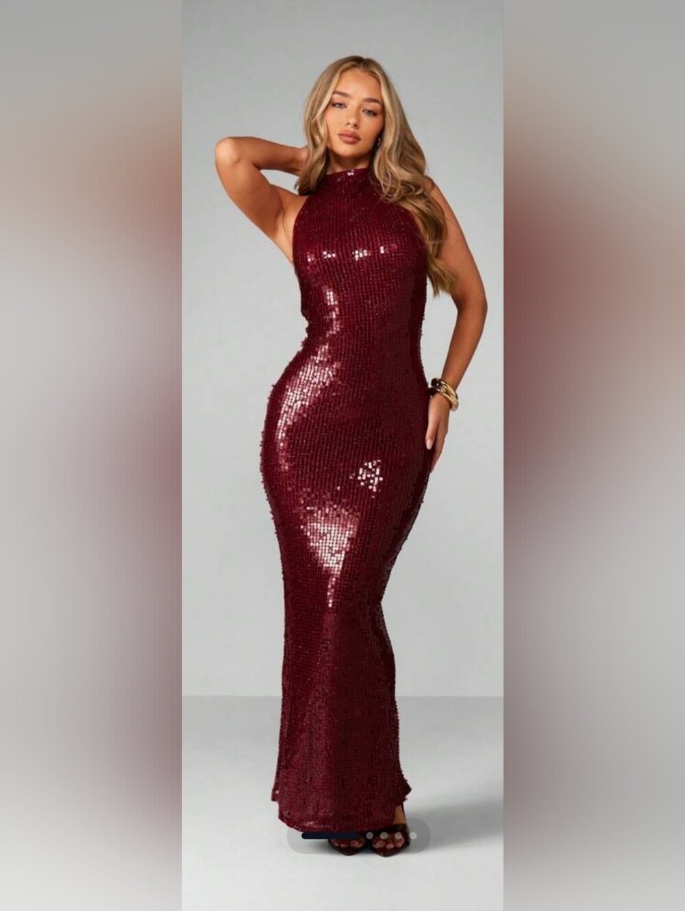 Elegant Burgundy Sequin Halter Evening Dress - Picture 1 of 6